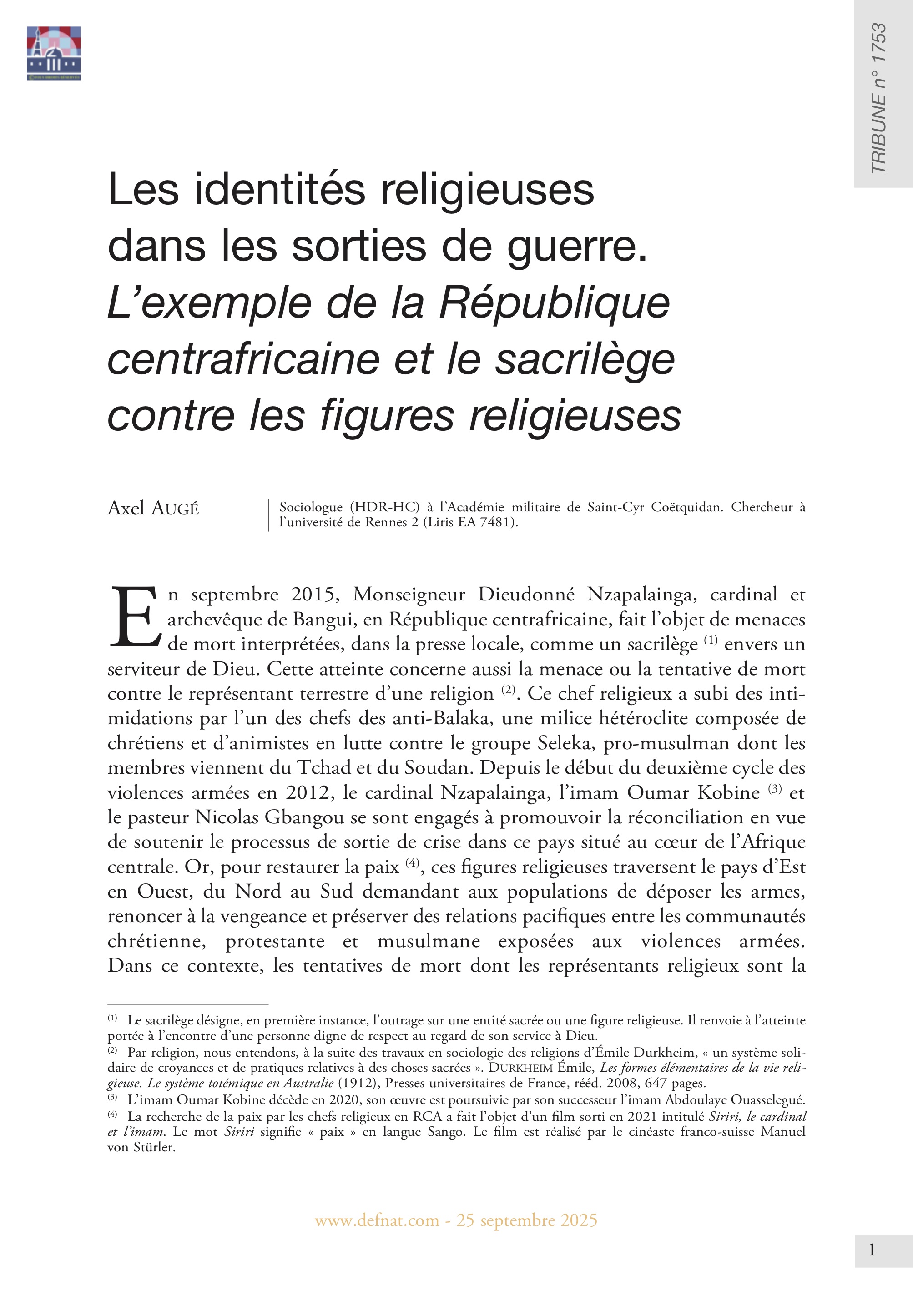 Les identités religieuses dans les sorties de guerre. L’exemple de la République centrafricaine et le sacrilège contre les figures religieuses (T 1753)
